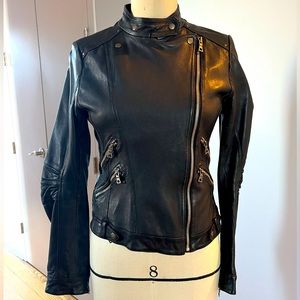 Custom black leather slim fit jacket with mandarin color